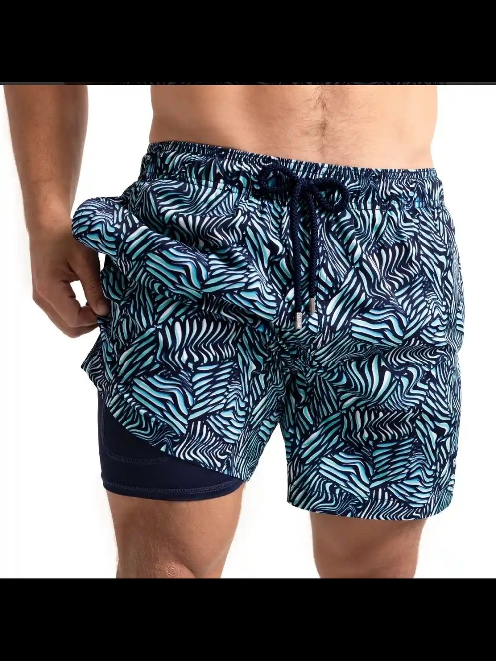 NWT Capele MIAMI Men's Navy & Aqua Patterned Swim Trunks with Inner Liner